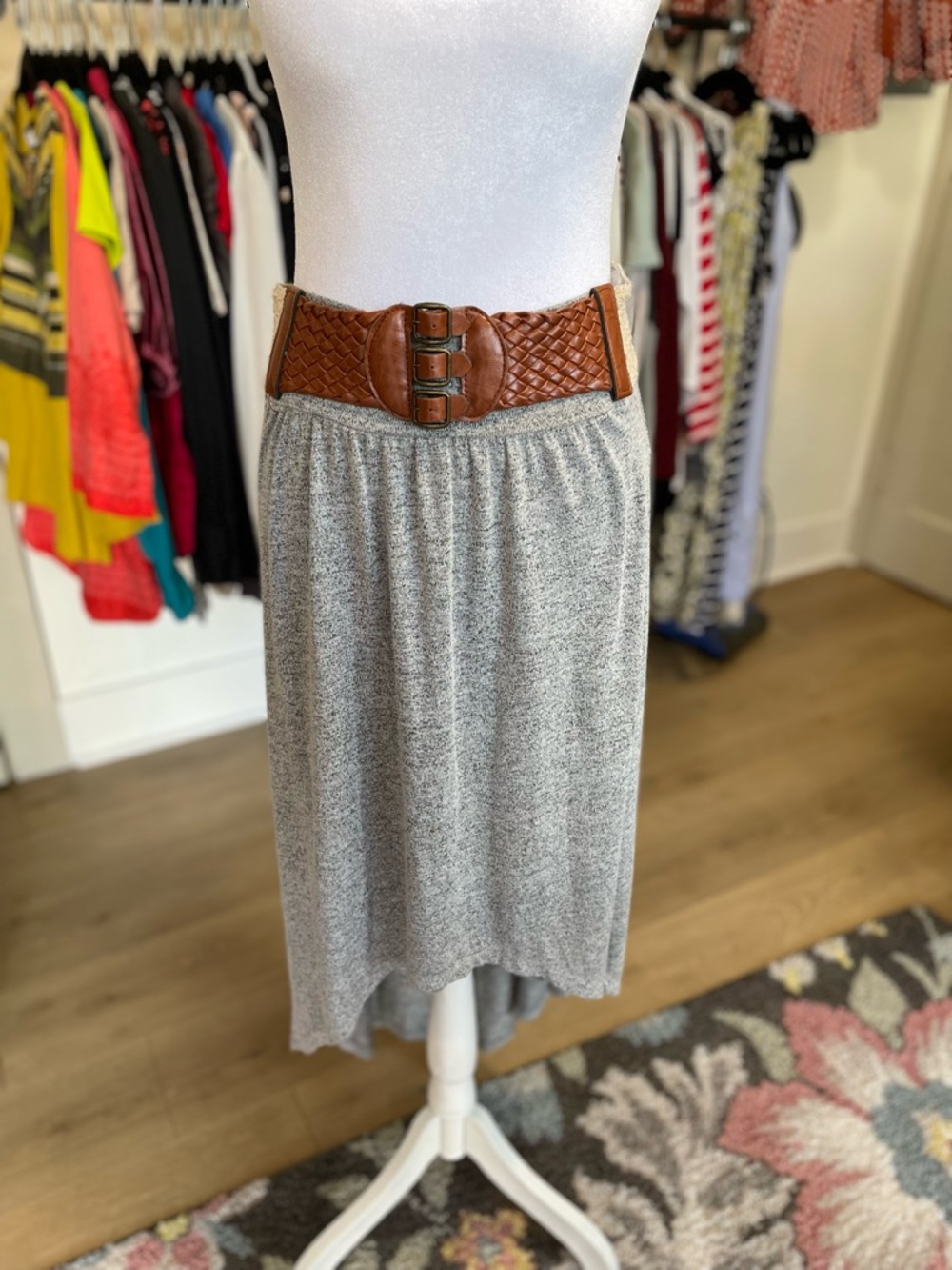 Miss Chievous Gray Knit Midi Skirt with Brown Woven Belt